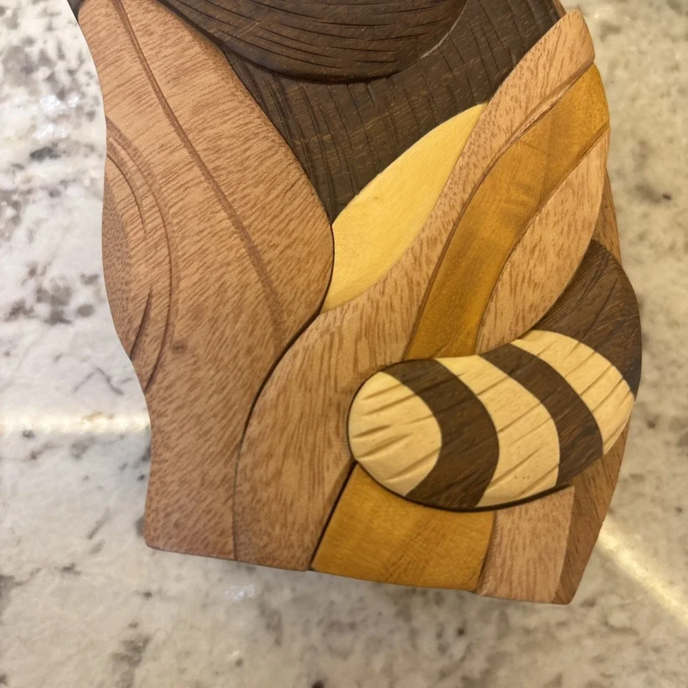 Hand crafted‎ 3D Intarsia Wood Art RACCOON Puzzle Wooden Box Wild Animal